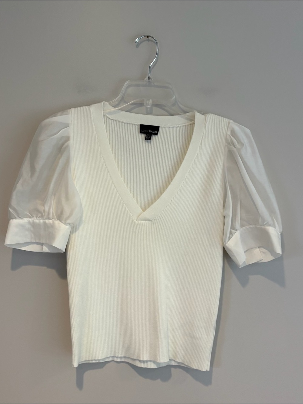Lucy Paris White V-Neck Puff Sleeve Tee